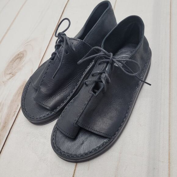 Bread & Butter Italy black leather toe strap sandals moccasins chunky - Picture 2 of 9